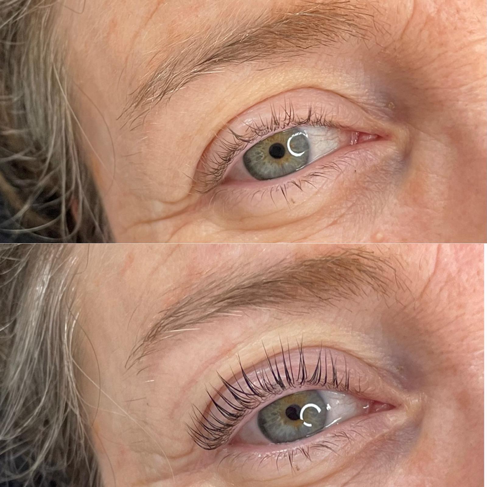 Avant après rehaussement de cils et teinture des cils réalisé par un élève en formation Lash lift en Aquitaine