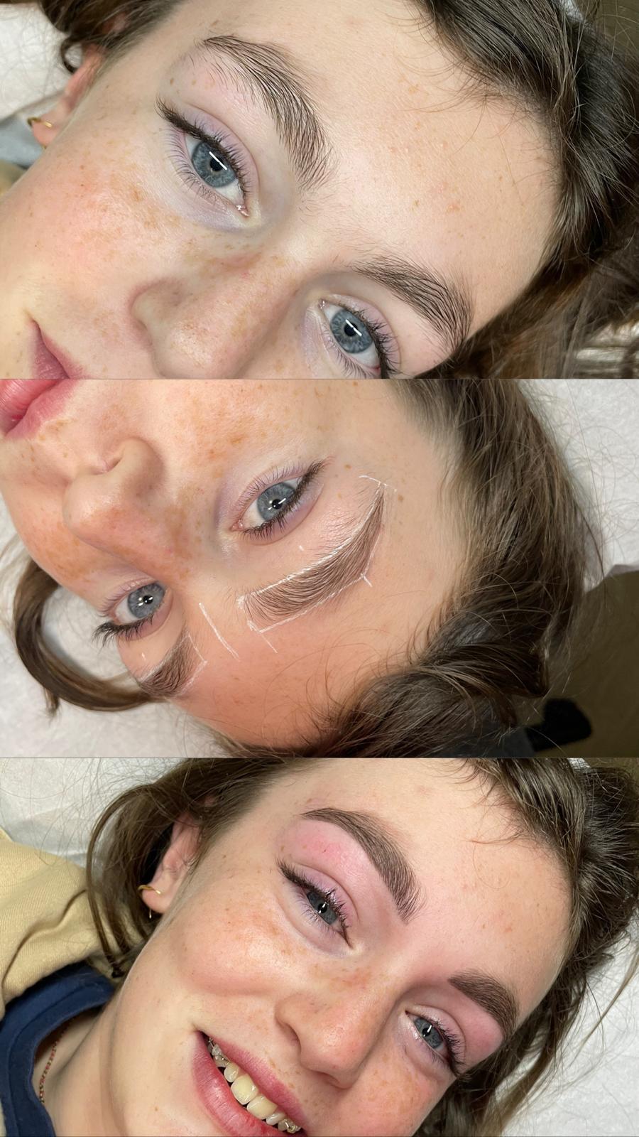 Avant/après d’une restructuration des sourcils et épilation au fil avec tracé des sourcils,lors de formation, réalisé par une élève