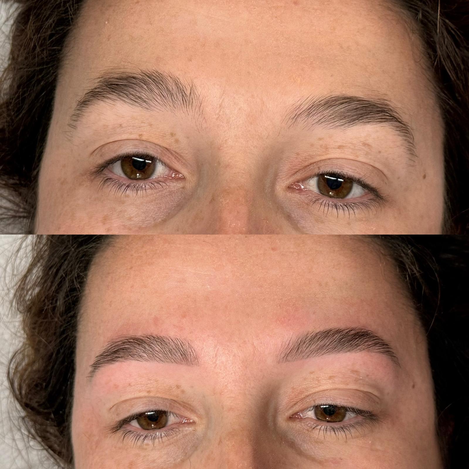 Avant/ après une épilation au fil et restructuration des sourcils, vu lors de la formation proposée chez la fée des jolies à le barp en Aquitaine